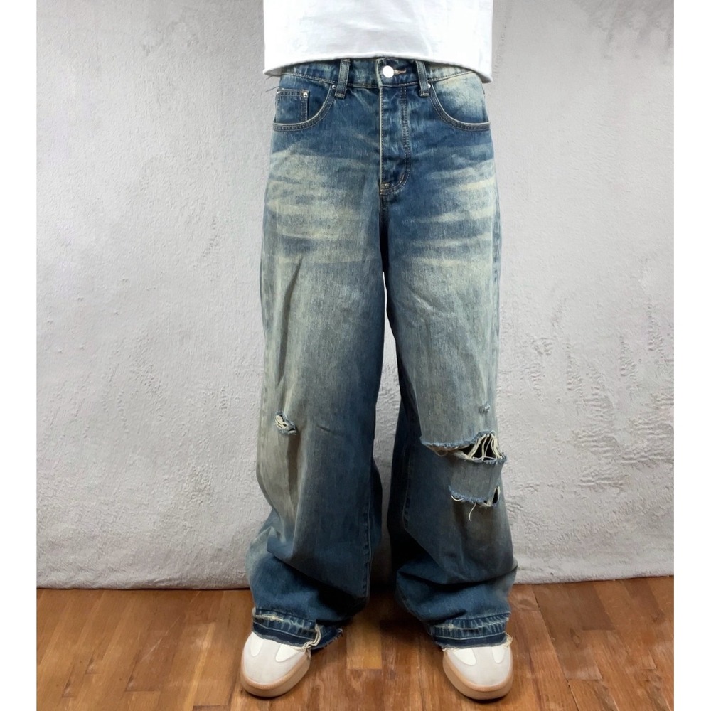MNML Baggy Jeans Mens 29x31 Blue Distressed Wide Leg Raw Hem Grunge Skater